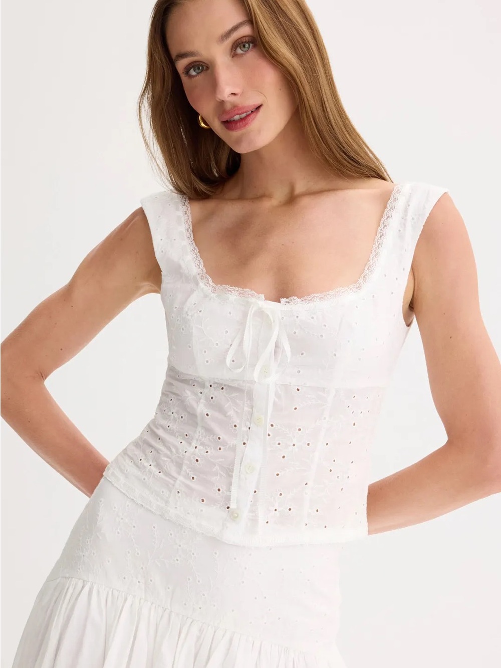 STAUD White Eyelet Lace-Up Lou Tank Top